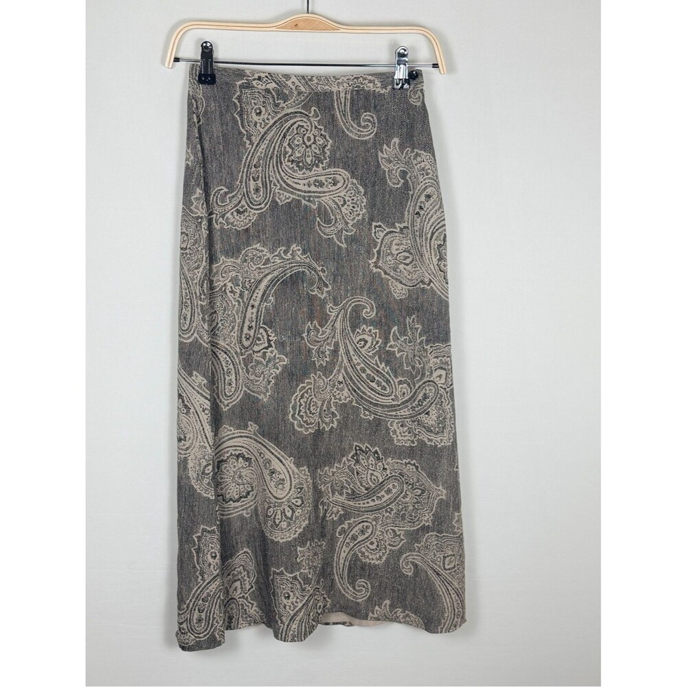Jones New York 100% Silk Paisley Midi Skirt Petite 2P Brown Beige Bias Cut
